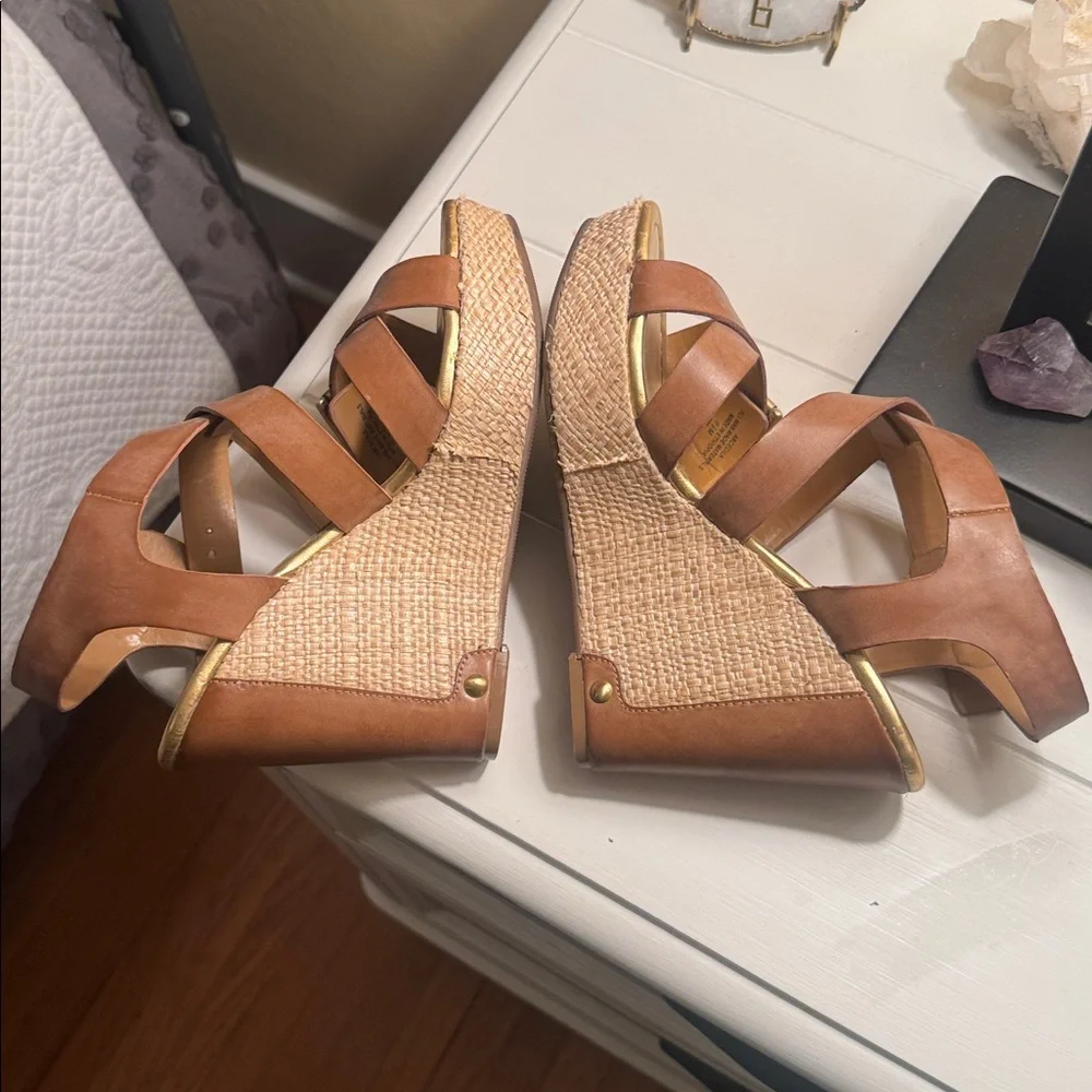 Audrey Brooke Brown Tan Leather Crisscross Wedge Sandals with Gold Insole